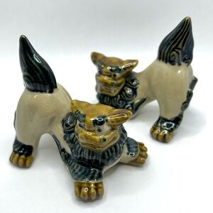 Okinawa Ceramic Guardian Foo Lion Dog Figurines - Tan and Black